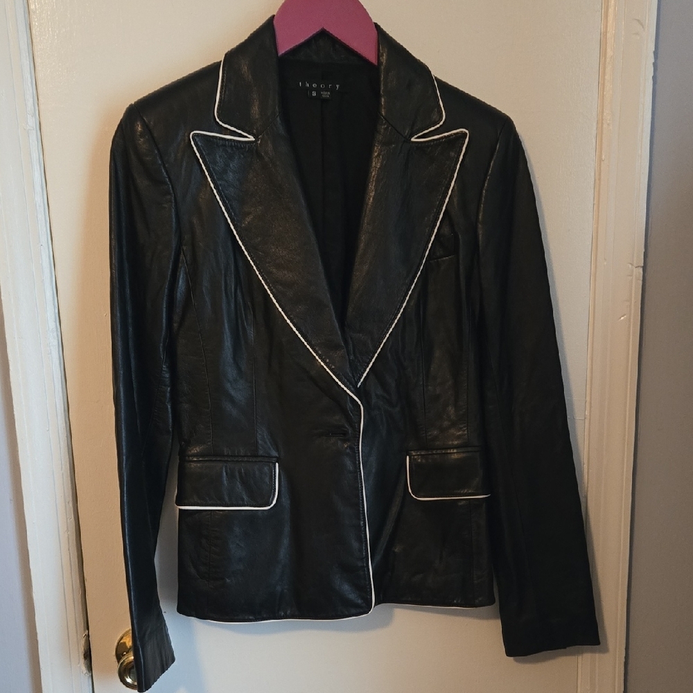 INC International Concepts Black Leather Blazer with White Piping